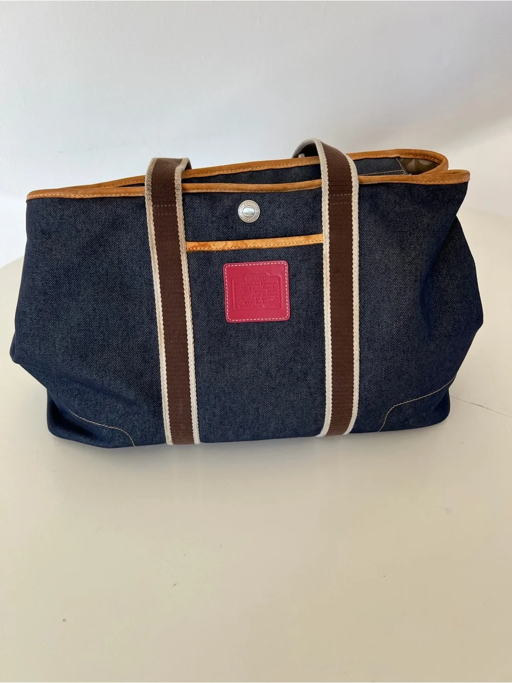 Coach Vintage Y2K Denim Varsity Stripe Large Denim Tote Bag Leather Trim 3K-7544